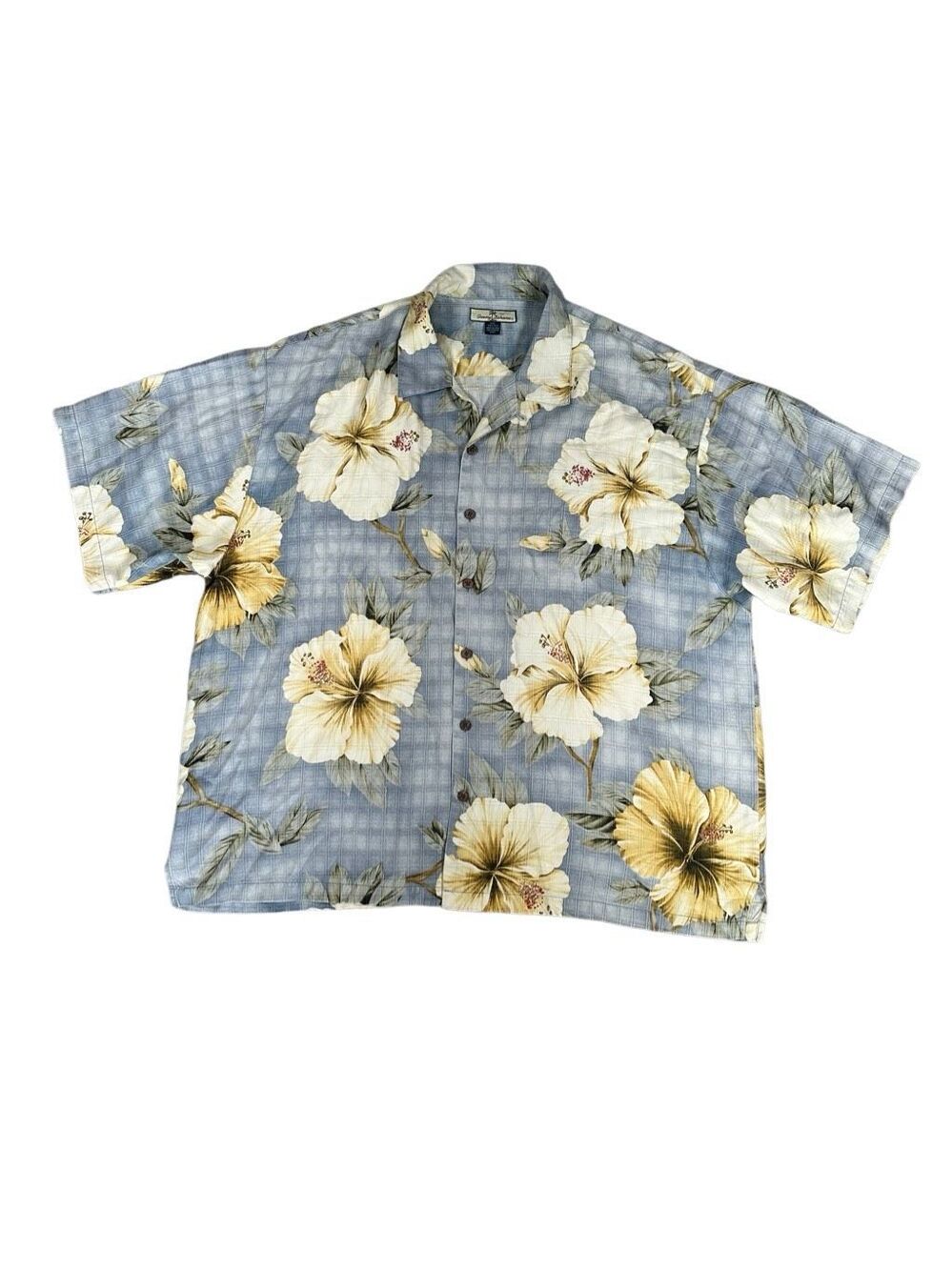tommy bahama 100% silk hawaiian button down shirt men’s XXL blue yellow floral